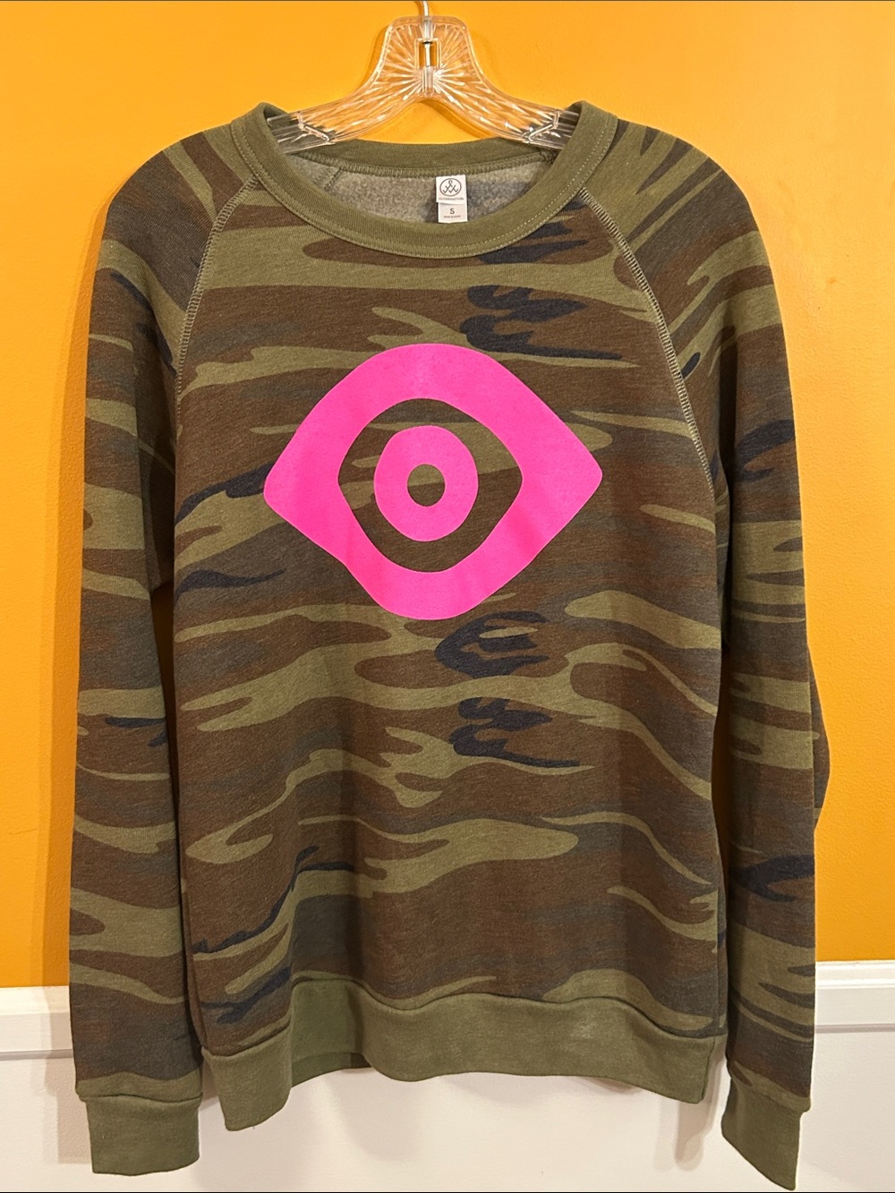 Alternative Olive Green Camo Sweatshirt with Hot Pink Eye Graphic